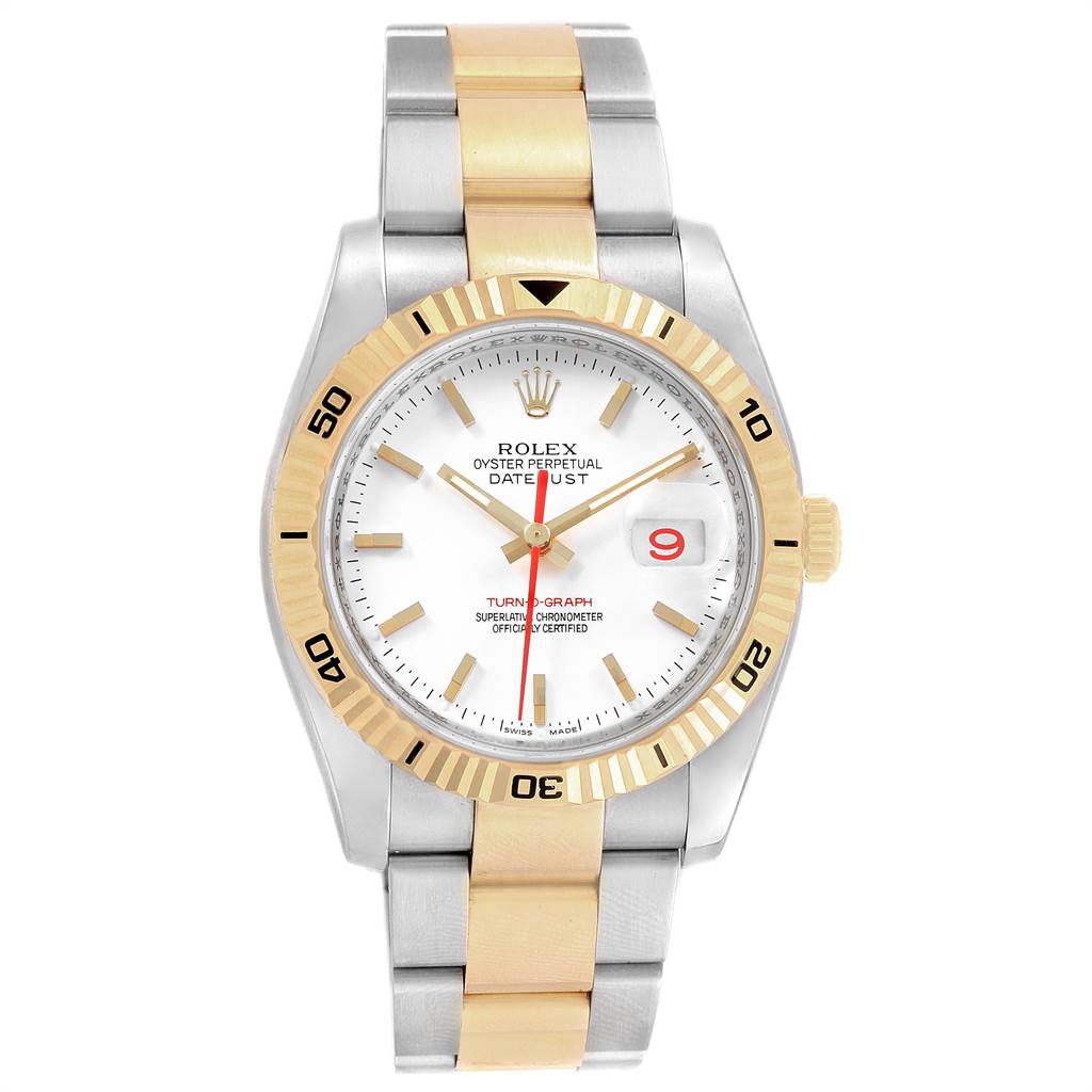 This image shows a full frontal view of the Rolex Turn-o-Graph 116263 Men
s Stainless Steel White Dial 116263 Men
s Stainless Steel White Dial watch, featuring a two-tone bracelet and fluted bezel.