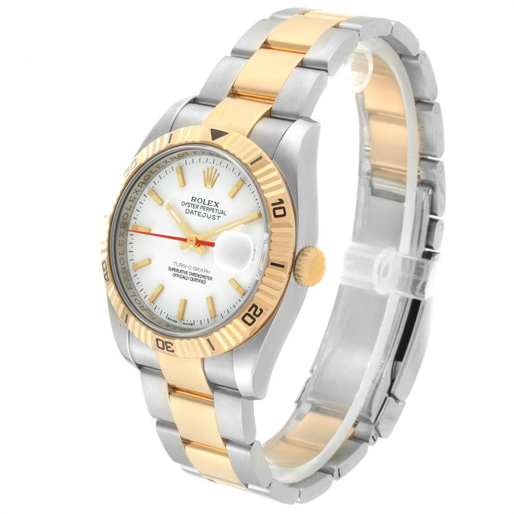 The image shows a side view of the Rolex Turn-o-Graph 116263 Men
s Stainless Steel White Dial 116263 Men
s Stainless Steel White Dial watch, displaying its gold bezel, markers, and two-tone bracelet.