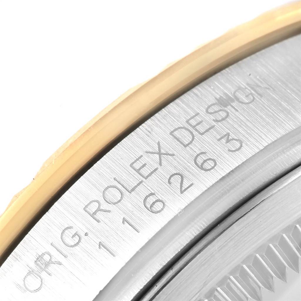 The image shows a close-up view of the outer case back of a Rolex Turn-o-Graph 116263 Men
s Stainless Steel White Dial 116263 Men
s Stainless Steel White Dial watch, featuring the model and brand engraving.