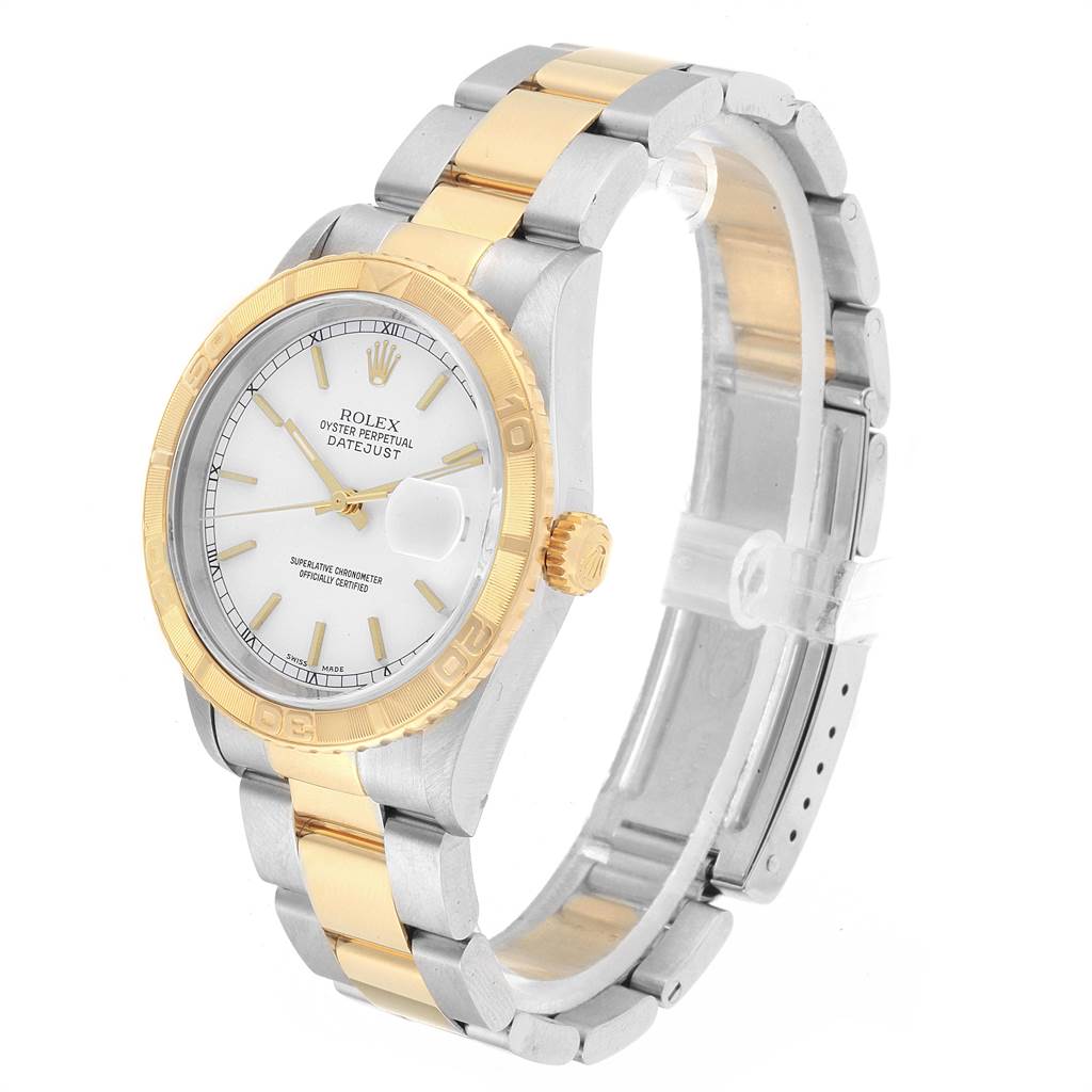 This image shows a side angle of the Rolex Turn-o-Graph 16263 Men
s Steel and Gold (two tone) White Dial 16263 Men
s Steel and Gold (two tone) White Dial, showcasing its dial, bezel, and bracelet.