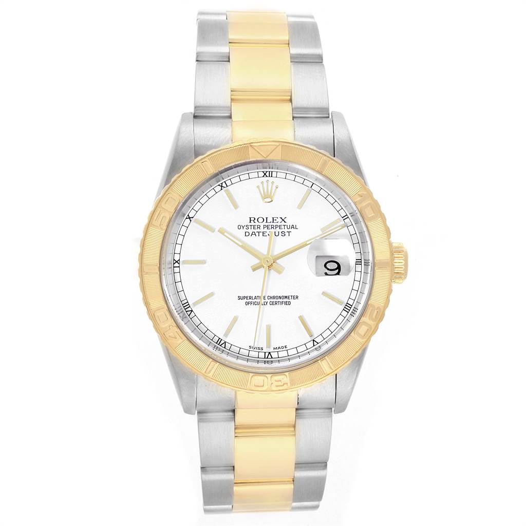 This is a frontal view of a Rolex Turn-o-Graph 16263 Men
s Steel and Gold (two tone) White Dial 16263 Men
s Steel and Gold (two tone) White Dial watch, showing the face, bezel, and two-tone bracelet.