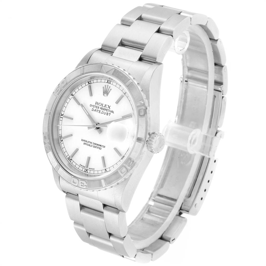 The image shows a Rolex Turn-o-Graph 16264 Men
s Stainless Steel White Dial 16264 Men
s Stainless Steel White Dial watch at a 3/4 angle, highlighting the face, bezel, bracelet, and crown.