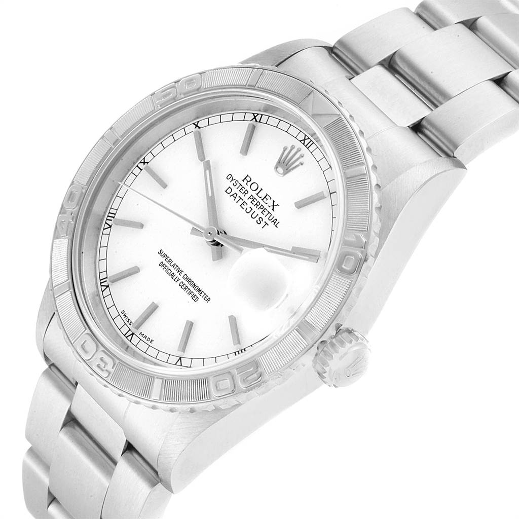 The image shows a Rolex Turn-o-Graph 16264 Men
s Stainless Steel White Dial 16264 Men
s Stainless Steel White Dial watch at a slight angle, highlighting its dial, bezel, crown, and bracelet.