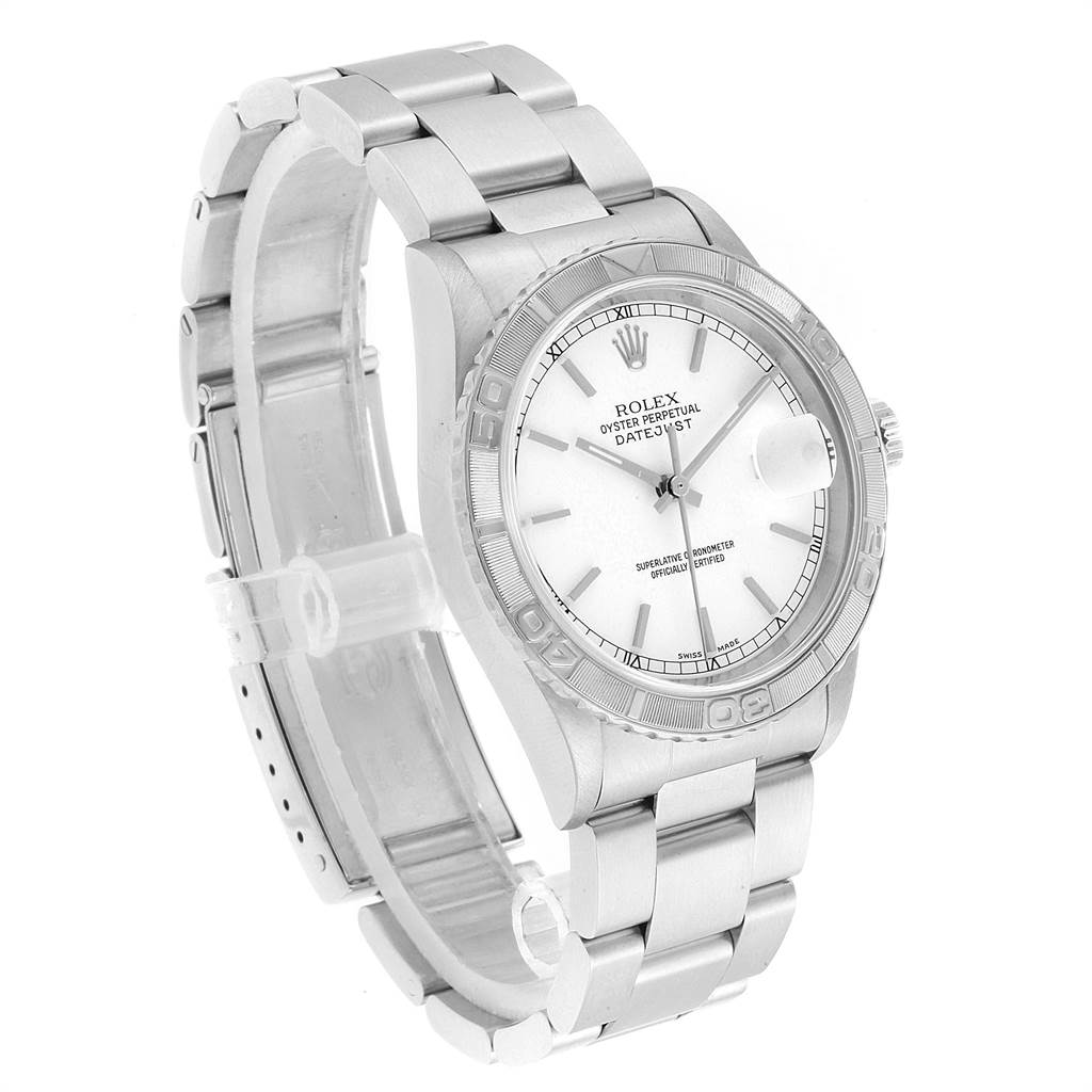 The image shows a Rolex Turn-o-Graph 16264 Men
s Stainless Steel White Dial 16264 Men
s Stainless Steel White Dial watch from an angled top view, prominently displaying the dial, bezel, and bracelet.