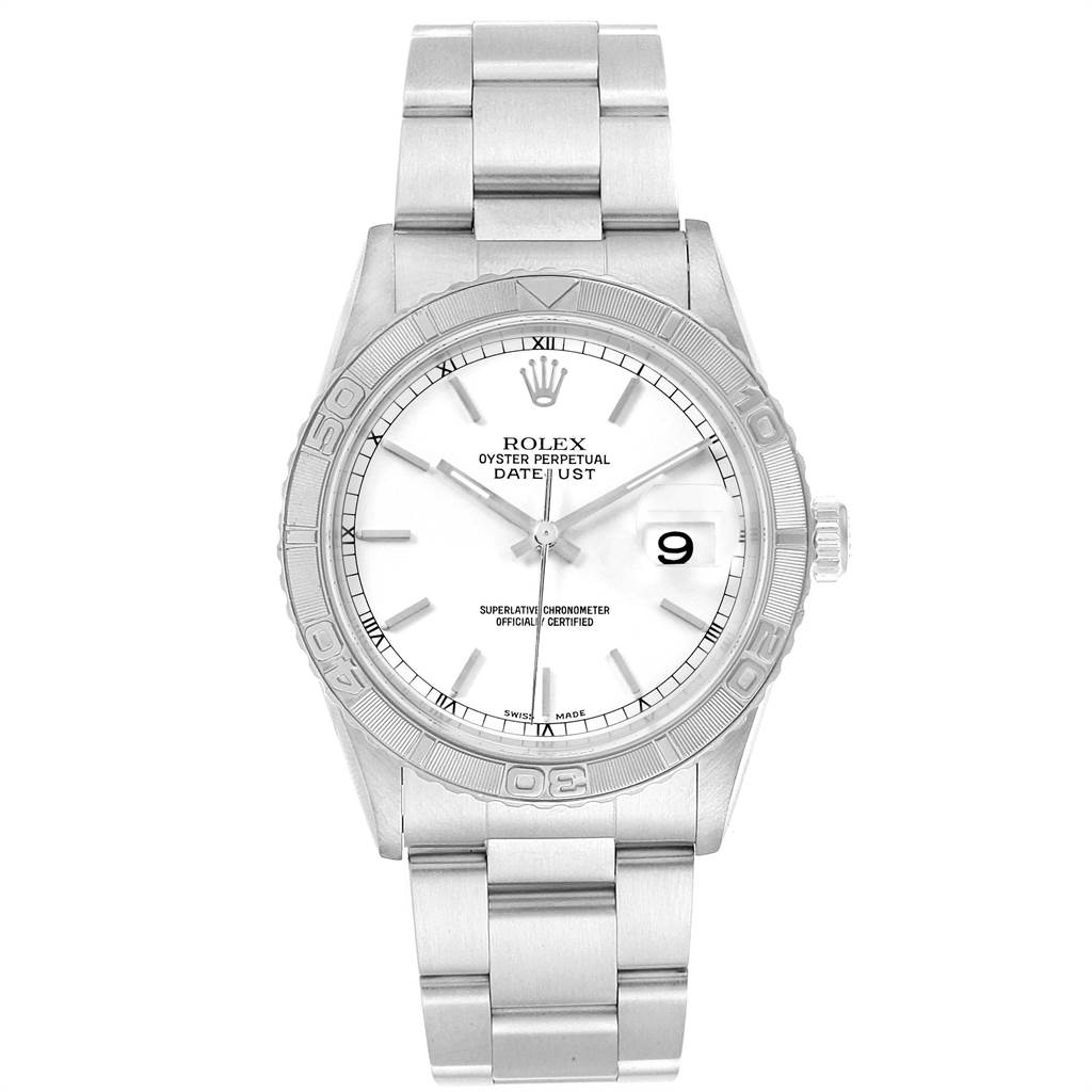 This image shows a front view of the Rolex Turn-o-Graph 16264 Men
s Stainless Steel White Dial 16264 Men
s Stainless Steel White Dial watch, highlighting its face, bezel, and bracelet.