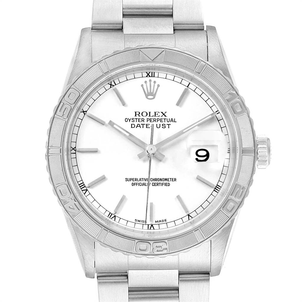 This image shows a front view of the Rolex Turn-o-Graph 16264 Men
s Stainless Steel White Dial 16264 Men
s Stainless Steel White Dial, highlighting its dial, bezel, hands, and bracelet.