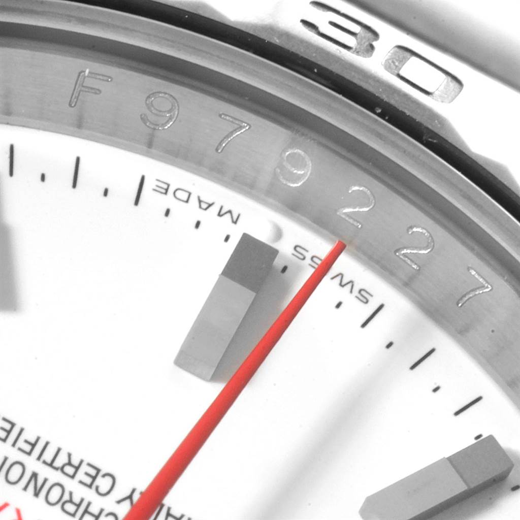 Close-up of a Rolex Turn-o-Graph 116264 Men
s Stainless Steel White Dial 116264 Men
s Stainless Steel White Dial watch showing the dial, hour markers, and part of the second hand and bezel.