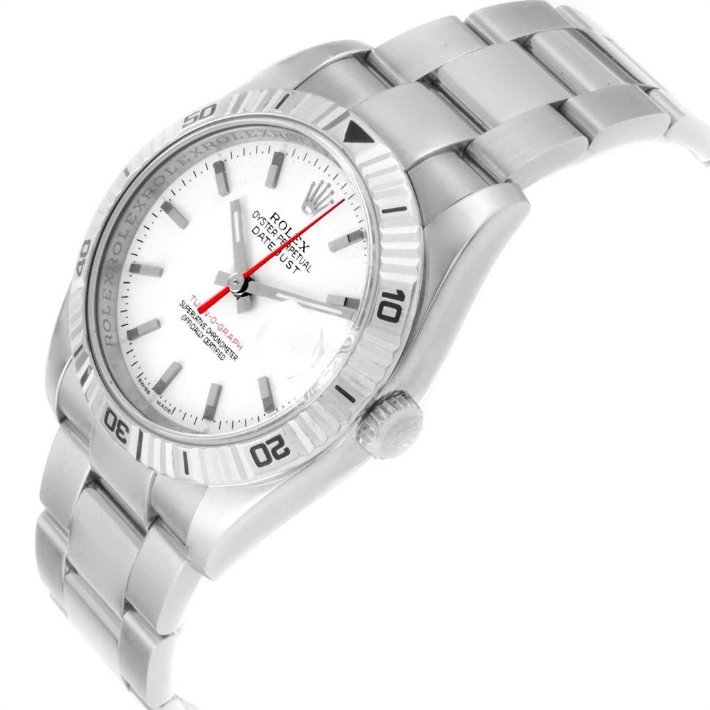 The Rolex Turn-o-Graph 116264 Men
s Stainless Steel White Dial 116264 Men
s Stainless Steel White Dial watch is shown at a slight angle, highlighting the bracelet, bezel, crown, and face.