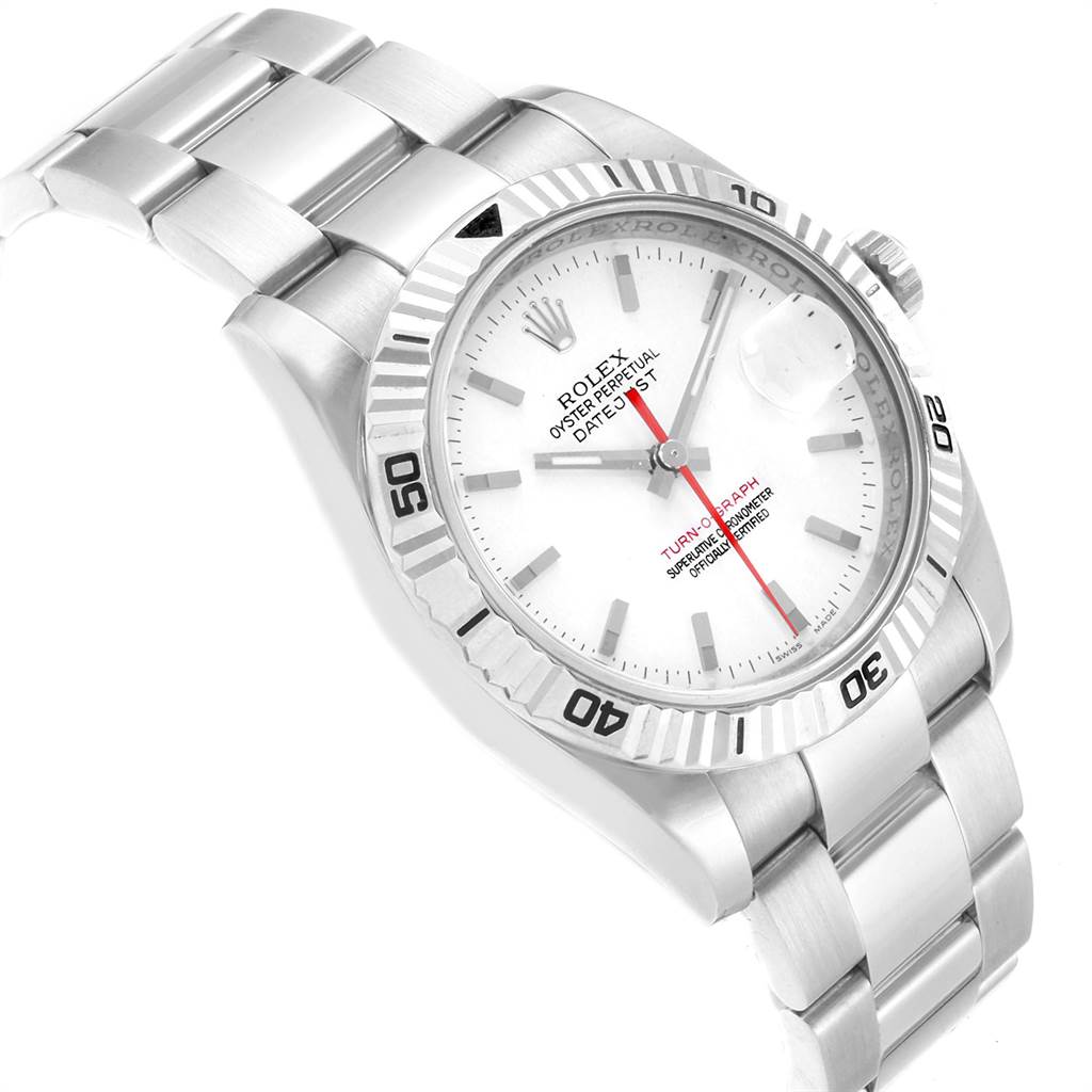 The image shows a Rolex Turn-o-Graph 116264 Men
s Stainless Steel White Dial 116264 Men
s Stainless Steel White Dial watch at an angle highlighting its face, bezel, and bracelet.