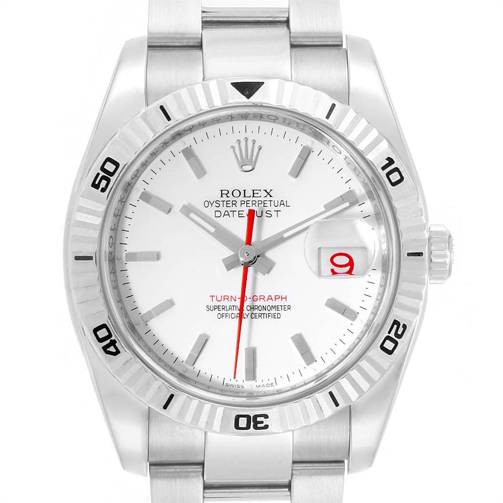 This image shows a front view of a Rolex Turn-o-Graph 116264 Men
s Stainless Steel White Dial 116264 Men
s Stainless Steel White Dial watch, highlighting its dial, bezel, and date window.