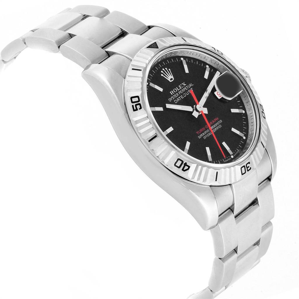 The image shows a Rolex Turn-o-Graph 116264 Men
s Stainless Steel Black Dial 116264 Men
s Stainless Steel Black Dial watch with a focus on the face, bezel, and bracelet, viewed from an angled side perspective.