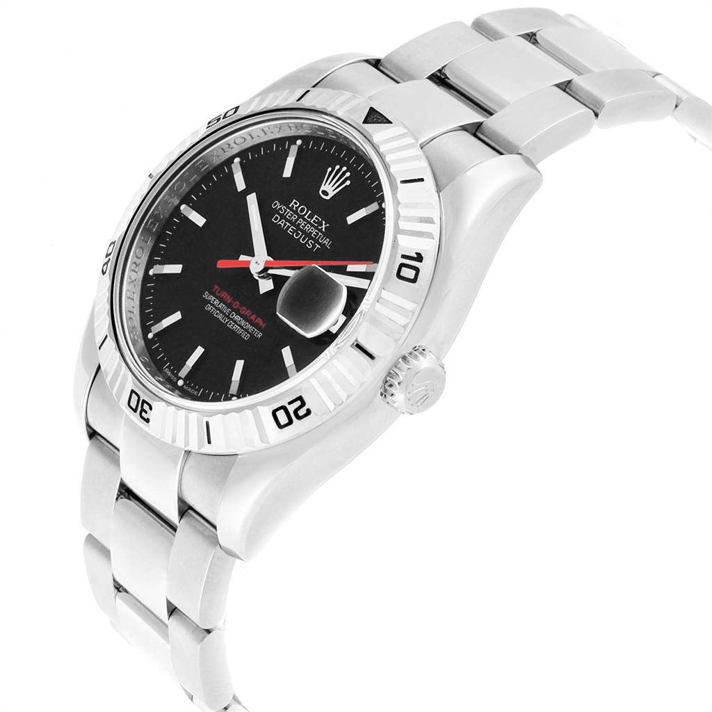 This image shows a Rolex Turn-o-Graph 116264 Men
s Stainless Steel Black Dial 116264 Men
s Stainless Steel Black Dial watch at an angle highlighting the dial, bezel, crown, and part of the bracelet.