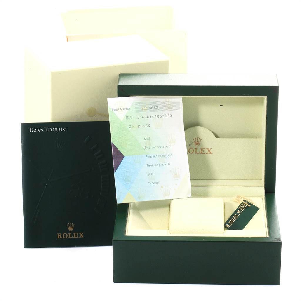 The image shows the packaging, warranty card, and booklet for the Rolex Turn-o-Graph 116264 Men
s Stainless Steel Black Dial 116264 Men
s Stainless Steel Black Dial watch, with no actual watch visible.