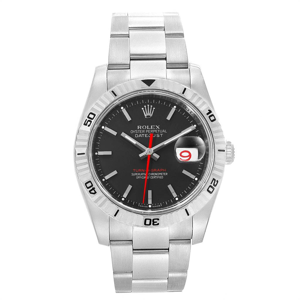 The Rolex Turn-o-Graph 116264 Men
s Stainless Steel Black Dial 116264 Men
s Stainless Steel Black Dial model watch is shown from a front angle, displaying the face, bezel, and bracelet.