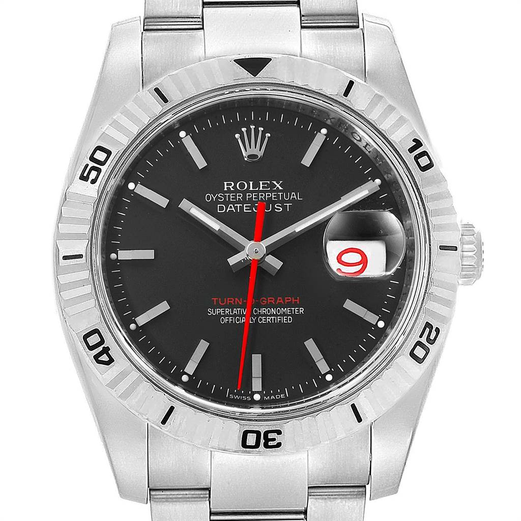 The Rolex Turn-o-Graph 116264 Men
s Stainless Steel Black Dial 116264 Men
s Stainless Steel Black Dial watch is shown in a front-facing angle displaying the face, bezel, and a section of the bracelet.