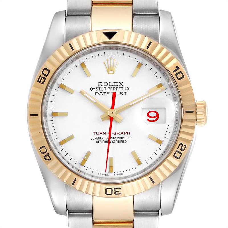 This image shows a front view of the Rolex Turn-o-Graph watch, highlighting its bezel, dial, hands, and part of the bracelet.