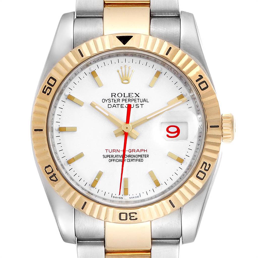 This image shows a front view of the Rolex Turn-o-Graph 116263 Men's Steel and Gold (two tone) White Dial 116263 Men's Steel and Gold (two tone) White Dial watch, highlighting its bezel, dial, hands, and part of the bracelet.