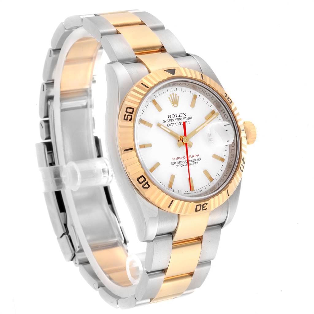 The image shows a side angle view of a Rolex Turn-o-Graph 116263 Men's Steel and Gold (two tone) White Dial 116263 Men's Steel and Gold (two tone) White Dial watch, highlighting the dial, bracelet, and bezel.