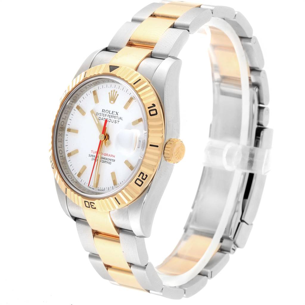 The image shows a side-angle view of a Rolex Turn-o-Graph 116263 Men's Steel and Gold (two tone) White Dial 116263 Men's Steel and Gold (two tone) White Dial watch, highlighting its gold bezel and two-tone metal bracelet.