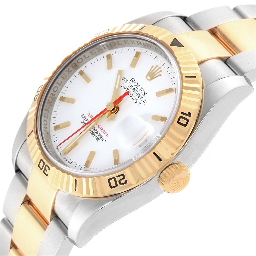 The image shows a close-up of a Rolex Turn-o-Graph 116263 Men's Steel and Gold (two tone) White Dial 116263 Men's Steel and Gold (two tone) White Dial watch displaying the face, bezel, crown, and part of the bracelet at an angled view.