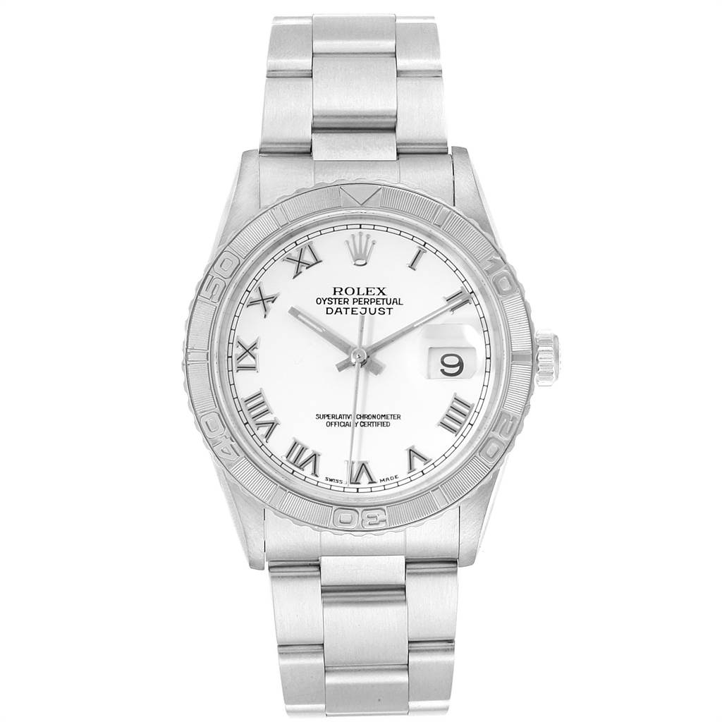 The image shows a front view of the Rolex Turn-o-Graph 16264 Men
s Stainless Steel White Dial 16264 Men
s Stainless Steel White Dial with a stainless steel bracelet and a white dial featuring Roman numerals.