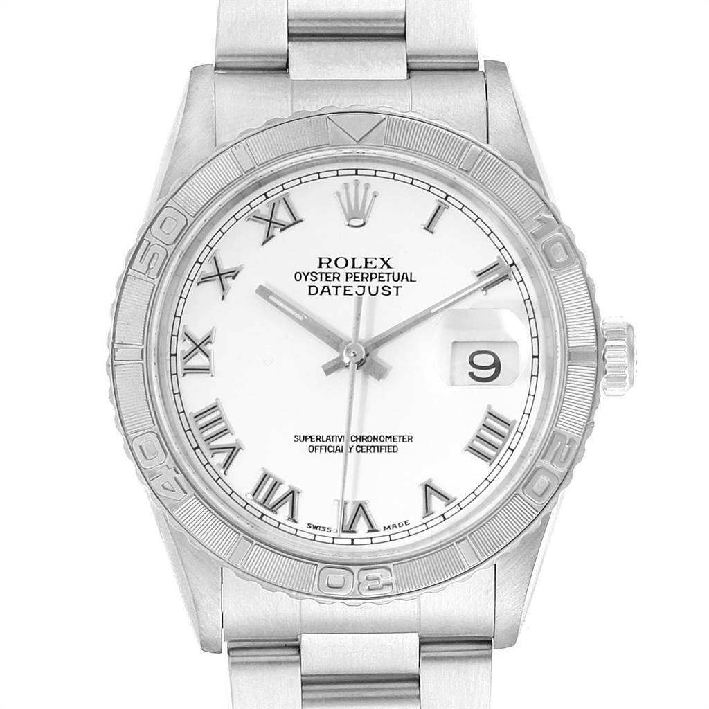 This is a frontal view of the Rolex Turn-o-Graph 16264 Men
s Stainless Steel White Dial 16264 Men
s Stainless Steel White Dial Datejust, showing the bezel, dial, hands, date, and part of the bracelet.