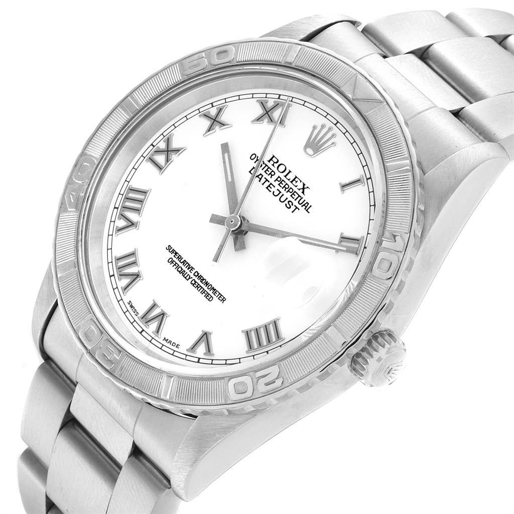 The image shows a Rolex Turn-o-Graph 16264 Men
s Stainless Steel White Dial 16264 Men
s Stainless Steel White Dial watch from an angled view, highlighting the white dial, Roman numeral markers, bezel, and part of the bracelet.