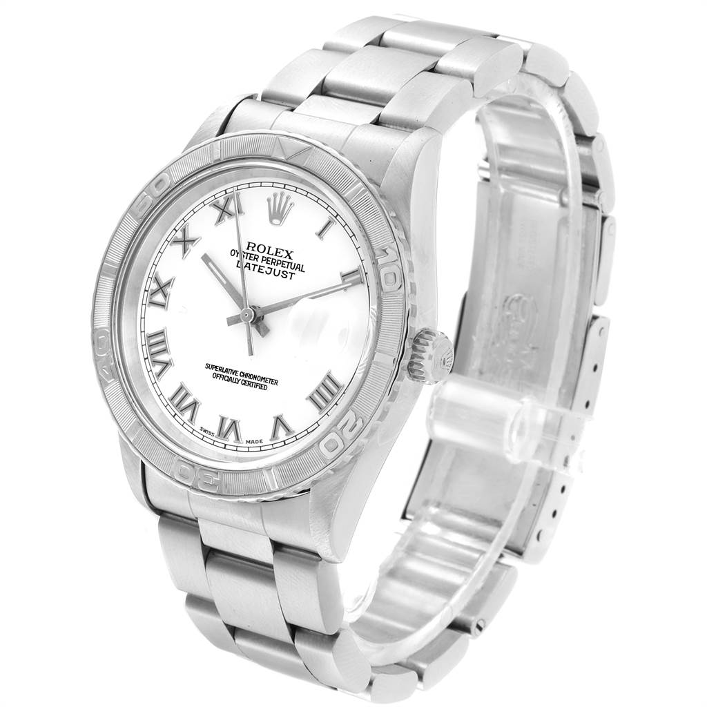 This image shows the Rolex Turn-o-Graph 16264 Men
s Stainless Steel White Dial 16264 Men
s Stainless Steel White Dial watch at a three-quarter angle, showcasing the face, bezel, crown, and bracelet.