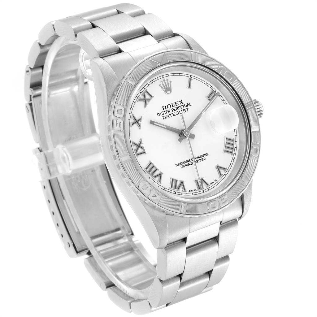 This image shows a Rolex Turn-o-Graph 16264 Men
s Stainless Steel White Dial 16264 Men
s Stainless Steel White Dial watch at an angled view, highlighting its white dial, Roman numerals, bezel, and stainless steel bracelet.