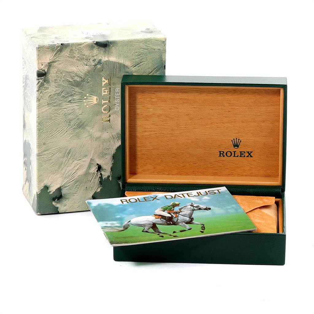 The image shows an empty Rolex Turn-o-Graph 16264 Men
s Stainless Steel Black Dial 16264 Men
s Stainless Steel Black Dial box, its outer packaging, and a Rolex Datejust booklet.