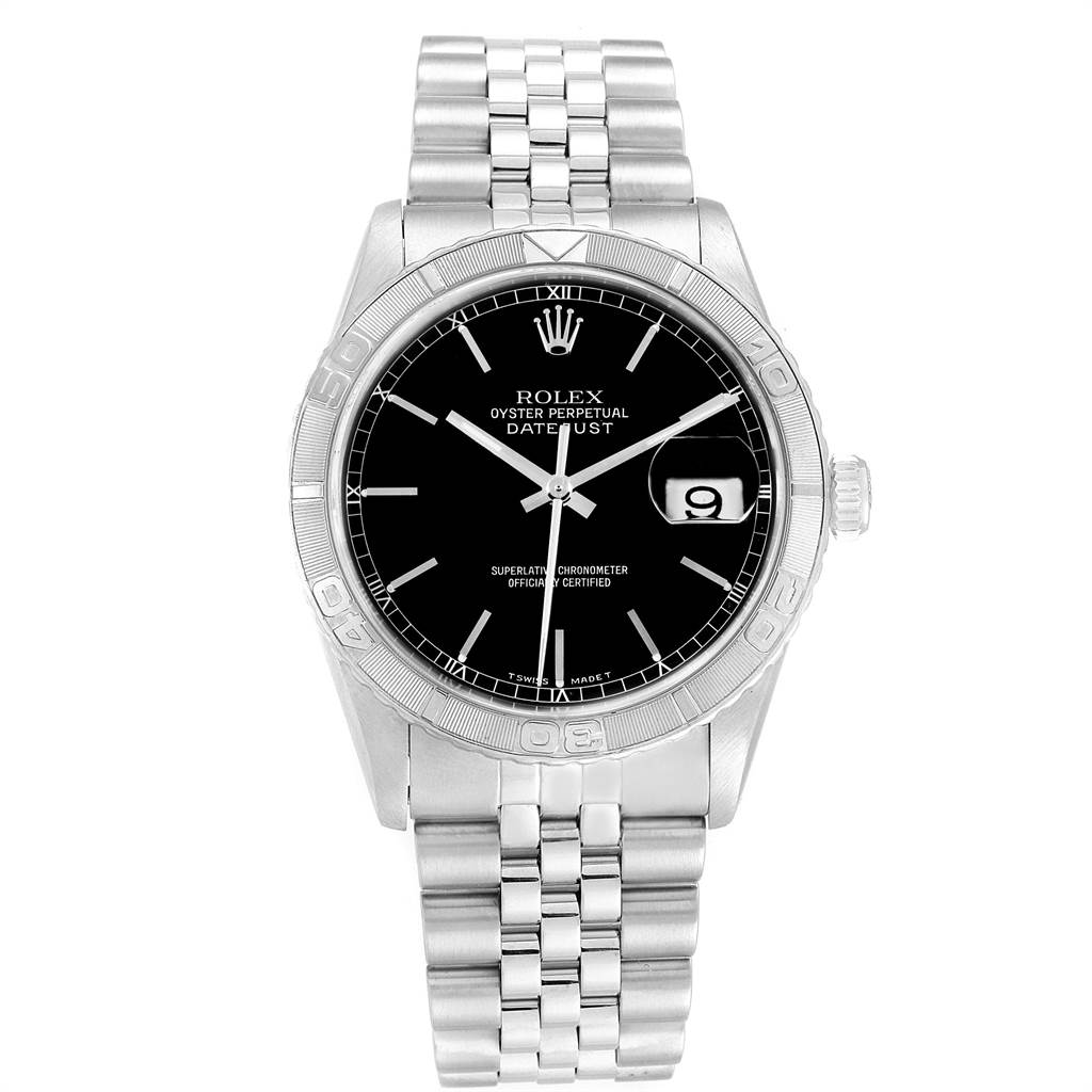 The image shows a front view of the Rolex Turn-o-Graph 16264 Men
s Stainless Steel Black Dial 16264 Men
s Stainless Steel Black Dial watch, displaying its bracelet, black dial, and rotating bezel.