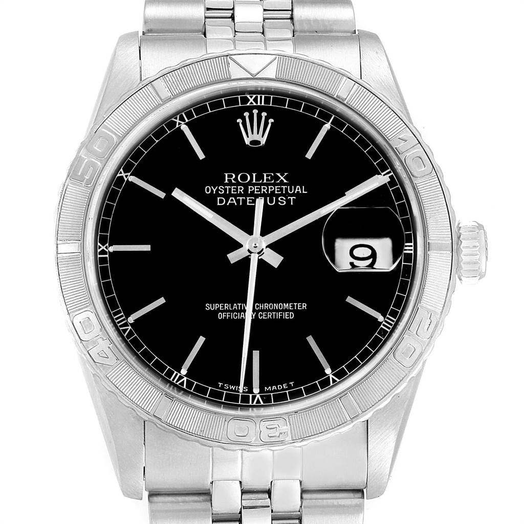 The image shows a front view of a Turn-o-Graph Rolex Oyster Perpetual Datejust watch.
