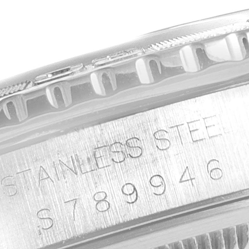 This close-up image of a Rolex Turn-o-Graph 16264 Men
s Stainless Steel Black Dial 16264 Men
s Stainless Steel Black Dial shows the serial number engraving on its stainless steel caseback.