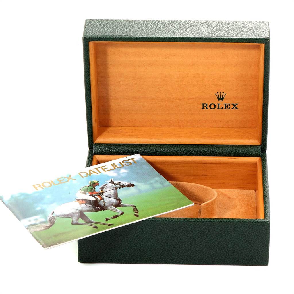 The image shows an open Rolex watch box for the Turn-o-Graph model, along with a Rolex Datejust manual inside.