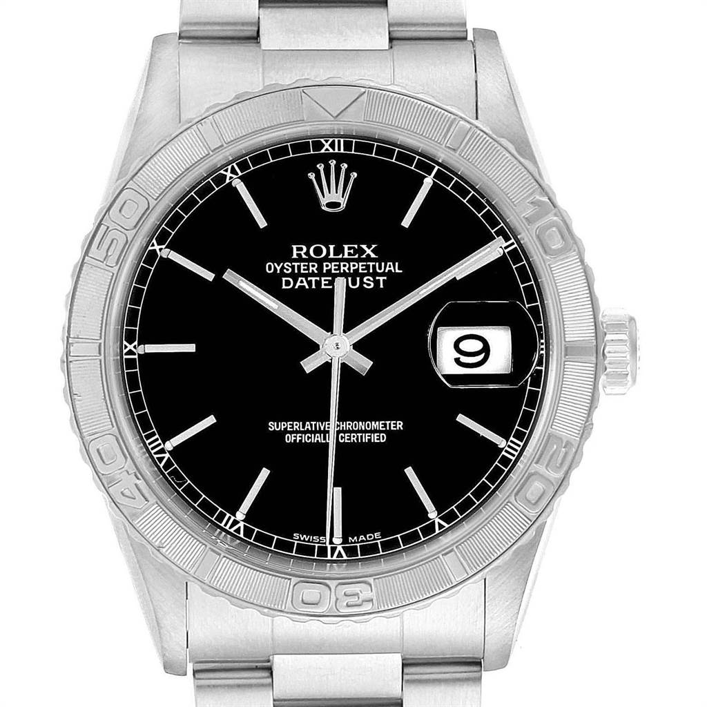 The Rolex Turn-o-Graph 16264 Men's Stainless Steel Black Dial 16264 Men's Stainless Steel Black Dial watch is shown from a front angle, displaying the dial, hands, date window, and bezel details.