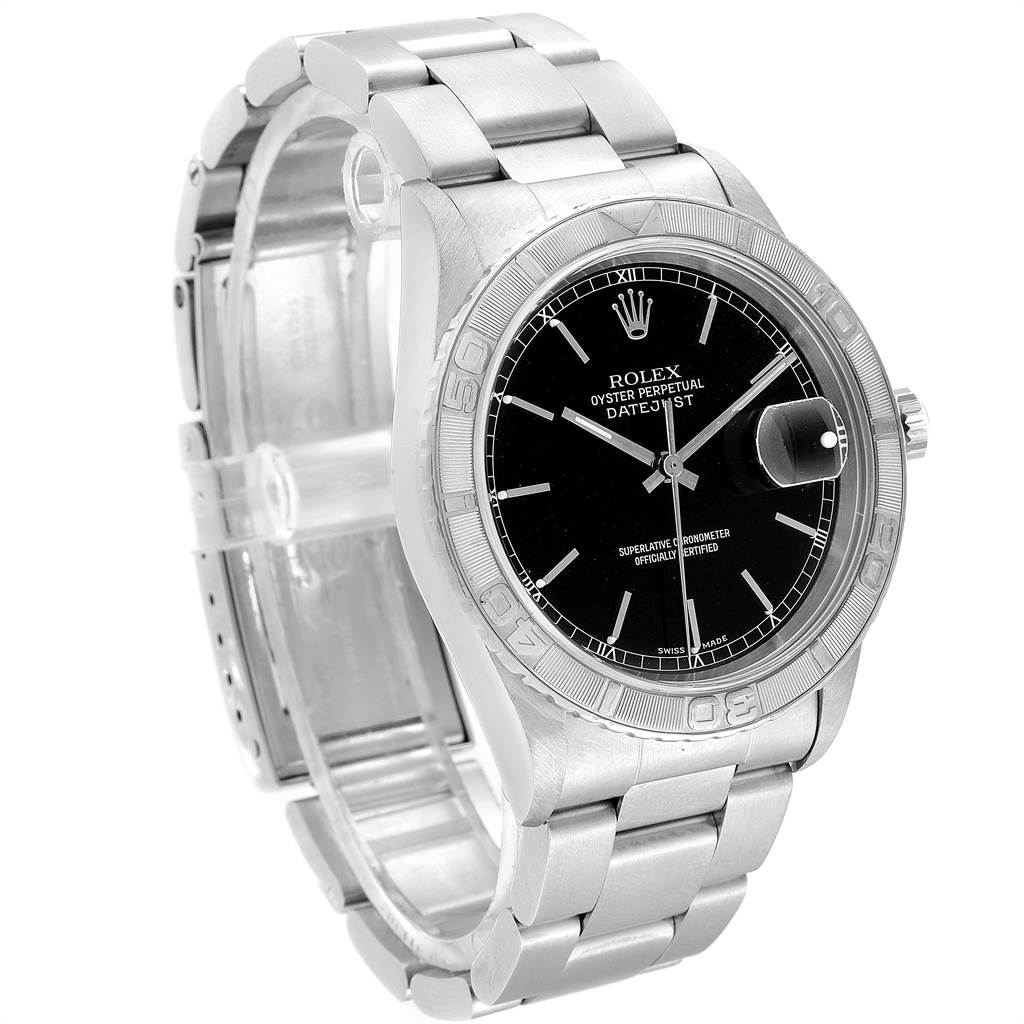 The image shows a Rolex Turn-o-Graph 16264 Men's Stainless Steel Black Dial 16264 Men's Stainless Steel Black Dial watch, featuring a black dial, stainless steel bracelet, and bezel at a slight angle from the front.