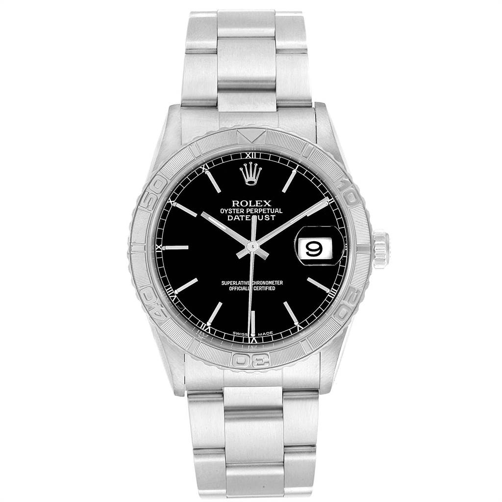 This image shows a front view of a Rolex Turn-o-Graph 16264 Men's Stainless Steel Black Dial 16264 Men's Stainless Steel Black Dial watch, highlighting the face, bezel, and bracelet.
