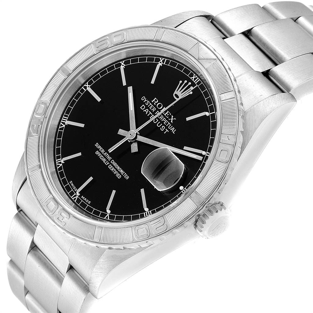 This image shows an angled perspective of a Rolex Turn-o-Graph 16264 Men's Stainless Steel Black Dial 16264 Men's Stainless Steel Black Dial watch, highlighting the dial, bezel, and part of the bracelet.