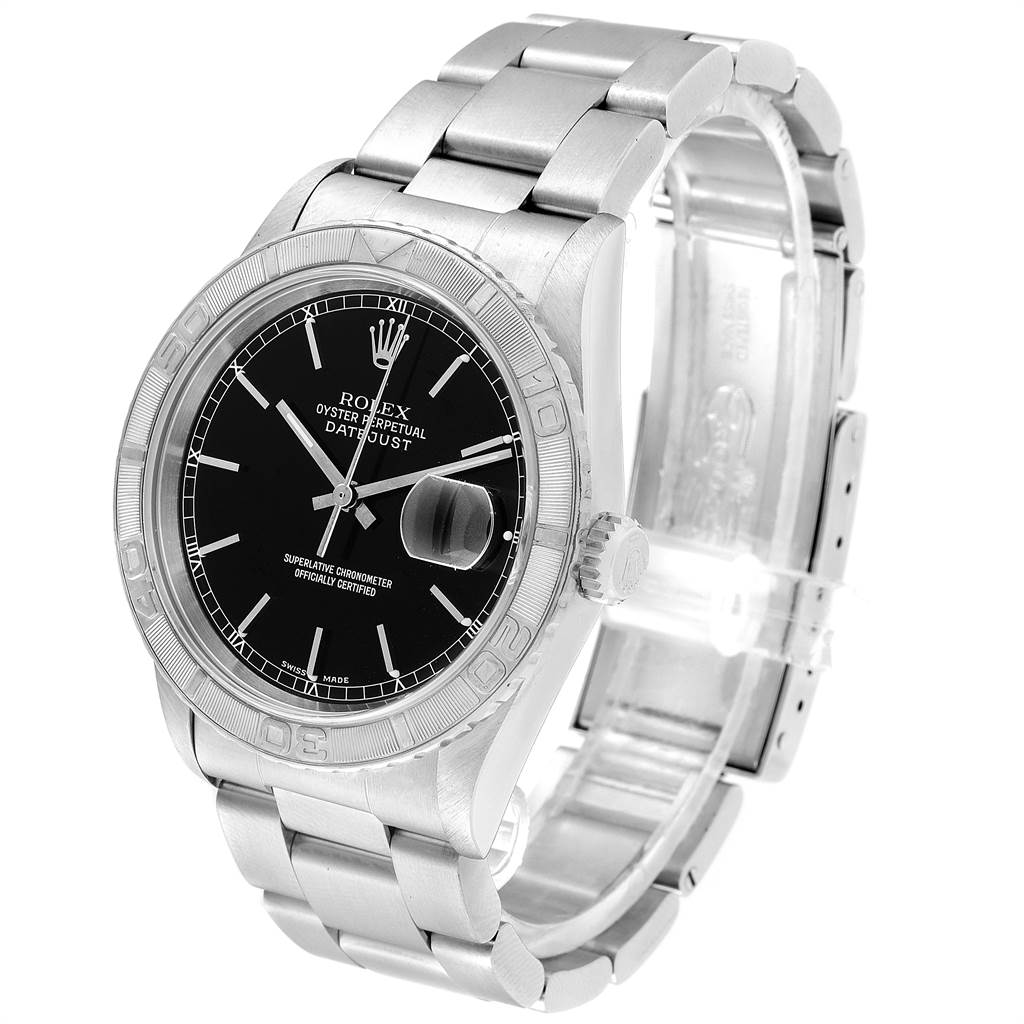 The image shows a Rolex Turn-o-Graph 16264 Men's Stainless Steel Black Dial 16264 Men's Stainless Steel Black Dial model watch from a front and side angle, displaying its dial, bezel, and bracelet.