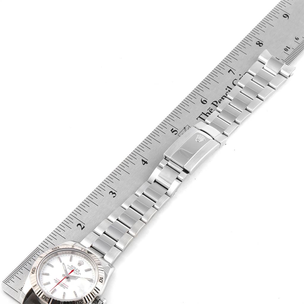 This image shows the Rolex Turn-o-Graph 116264 Men
s Stainless Steel White Dial 116264 Men
s Stainless Steel White Dial watch laid flat, with a stainless steel bracelet and clasp clearly visible.