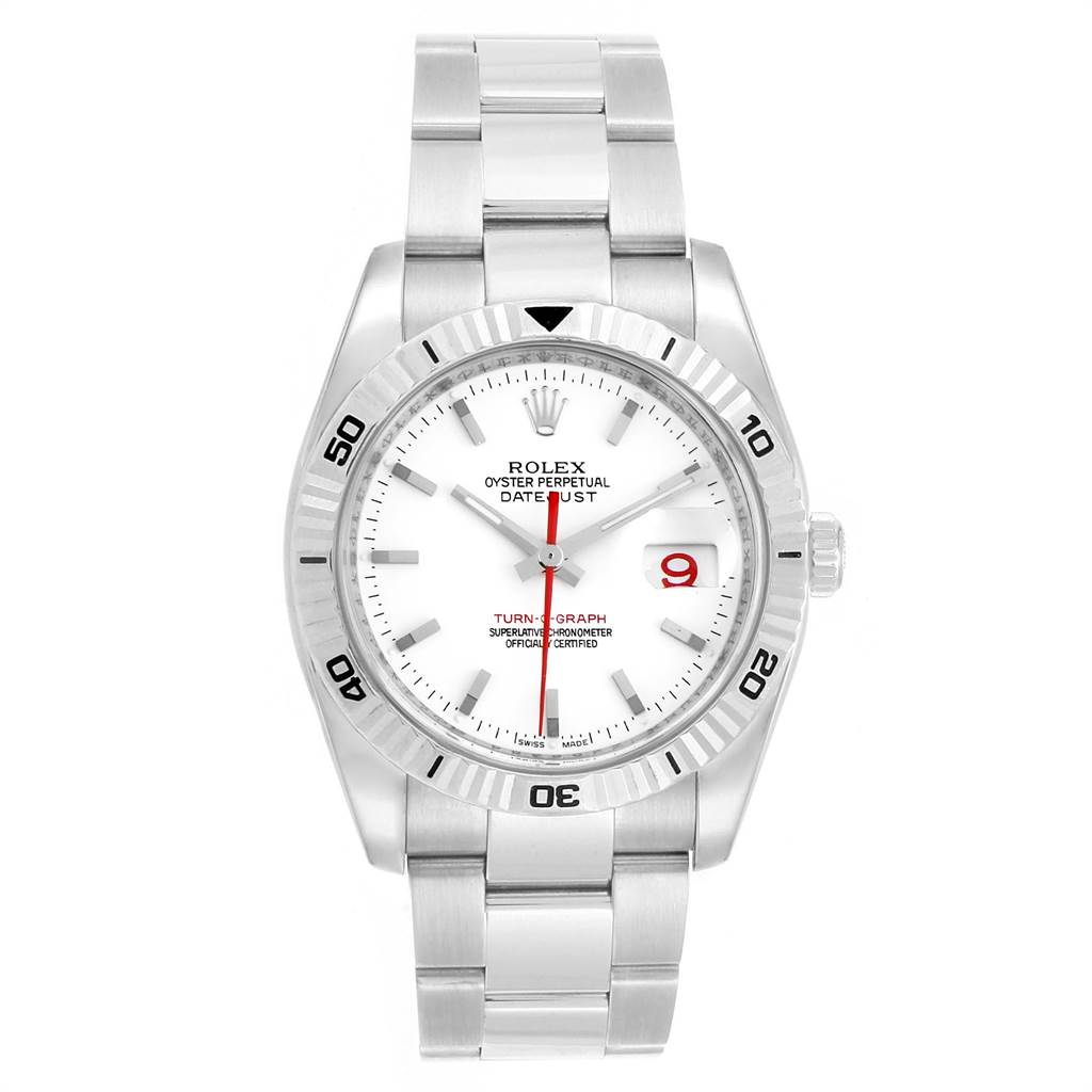 This image shows a front view of the Rolex Turn-o-Graph 116264 Men
s Stainless Steel White Dial 116264 Men
s Stainless Steel White Dial watch, highlighting the dial, bezel, hands, bracelet, and date window.