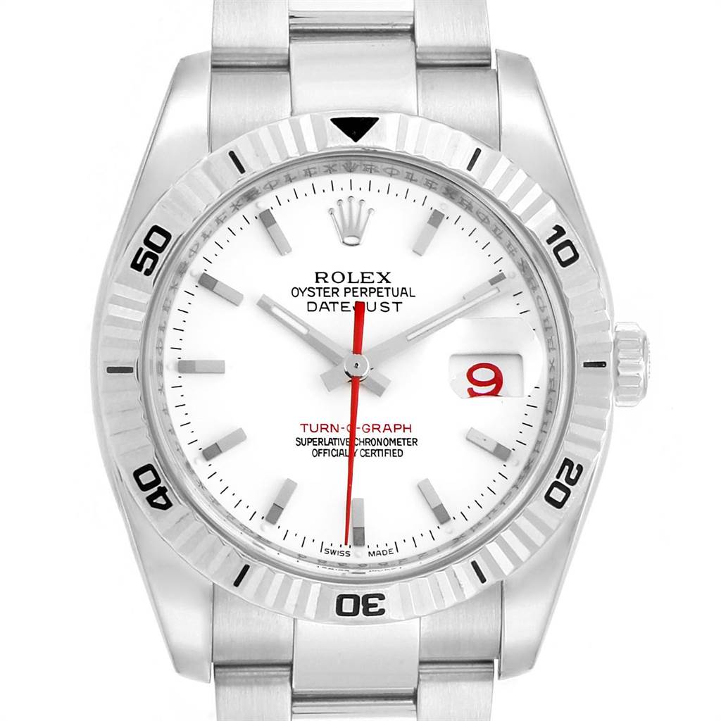 The image shows a front view of a Rolex Turn-o-Graph 116264 Men
s Stainless Steel White Dial 116264 Men
s Stainless Steel White Dial watch, highlighting the dial, bezel, and part of the bracelet.