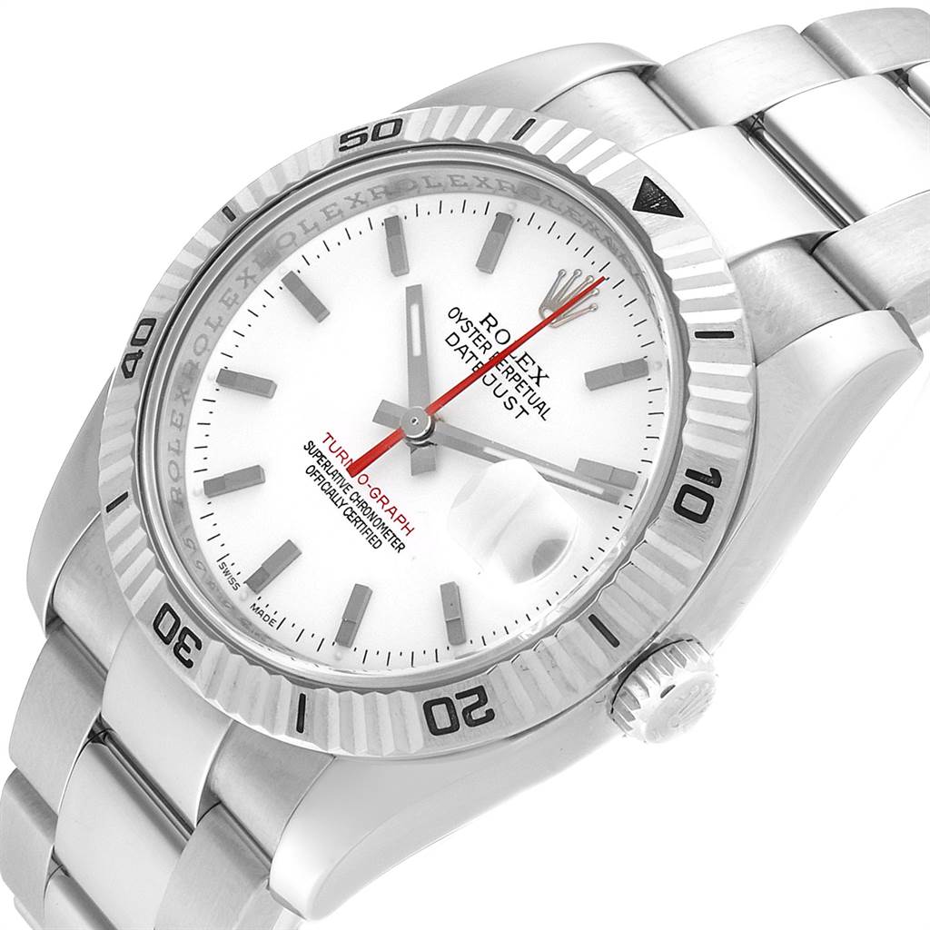 This image shows a right-side angled view of a Rolex Turn-o-Graph 116264 Men
s Stainless Steel White Dial 116264 Men
s Stainless Steel White Dial watch, displaying its face, bezel, crown, and bracelet.
