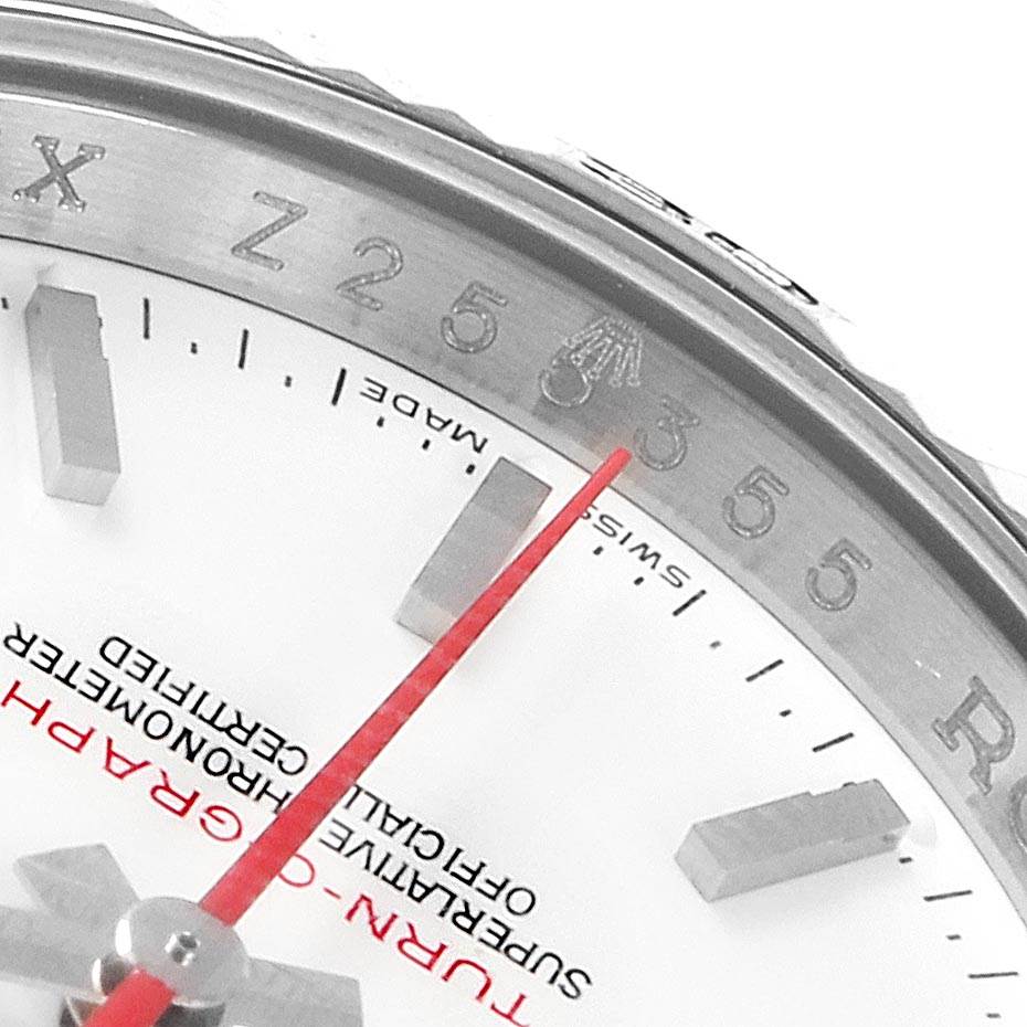 This image shows a close-up of the dial and bezel of a Rolex Turn-o-Graph 116264 Men
s Stainless Steel White Dial 116264 Men
s Stainless Steel White Dial watch, highlighting the second hand and hour markers.