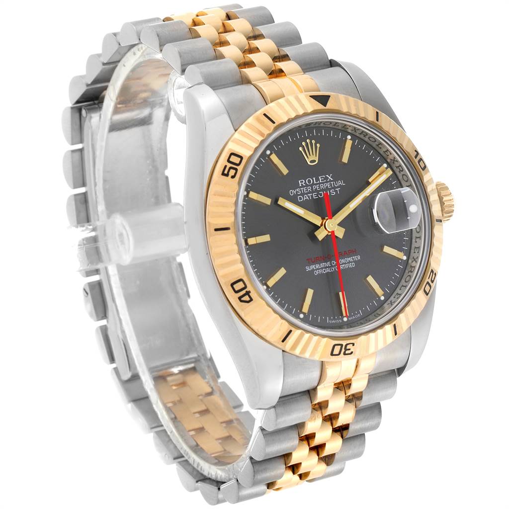 The image shows a side and front angle of a Rolex Turn-o-Graph 116263 Men
s Steel and Gold (two tone) Grey Dial 116263 Men
s Steel and Gold (two tone) Grey Dial watch, highlighting its bezel, dial, and two-tone bracelet.