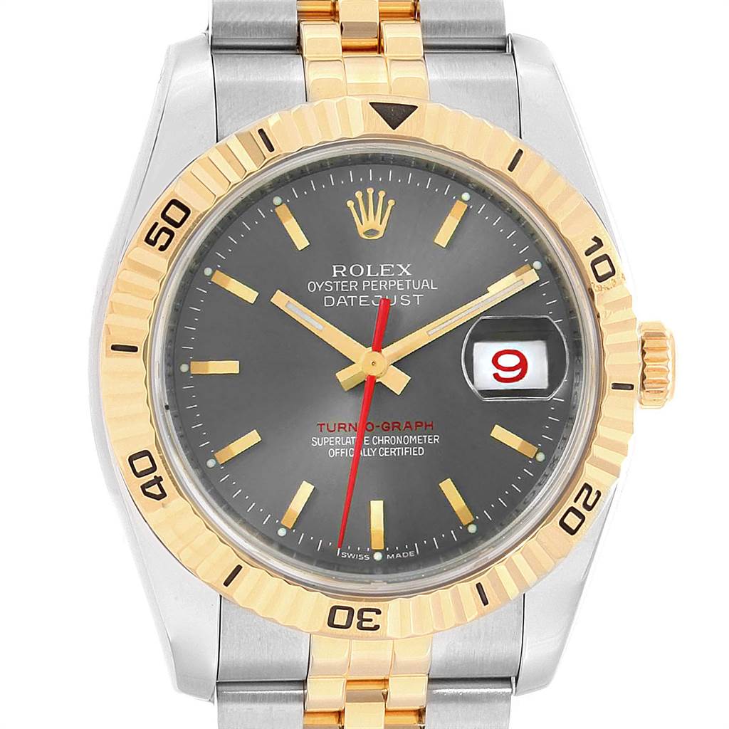 The image shows a front view of the Rolex Turn-o-Graph 116263 Men
s Steel and Gold (two tone) Grey Dial 116263 Men
s Steel and Gold (two tone) Grey Dial watch, highlighting its bezel, dial, and part of the bracelet.