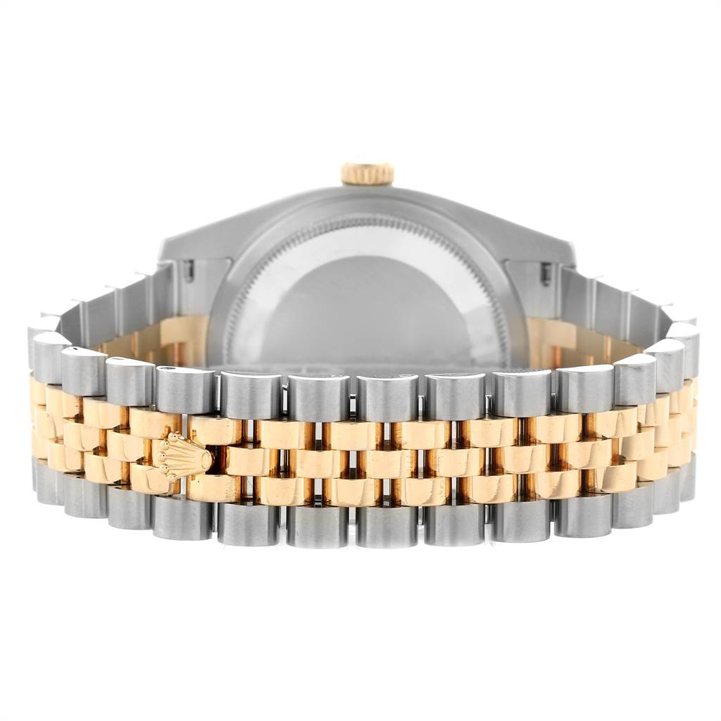 The image shows the back view of a Rolex Turn-o-Graph 116263 Men
s Steel and Gold (two tone) Grey Dial 116263 Men
s Steel and Gold (two tone) Grey Dial watch, focusing on the case back and two-tone bracelet.