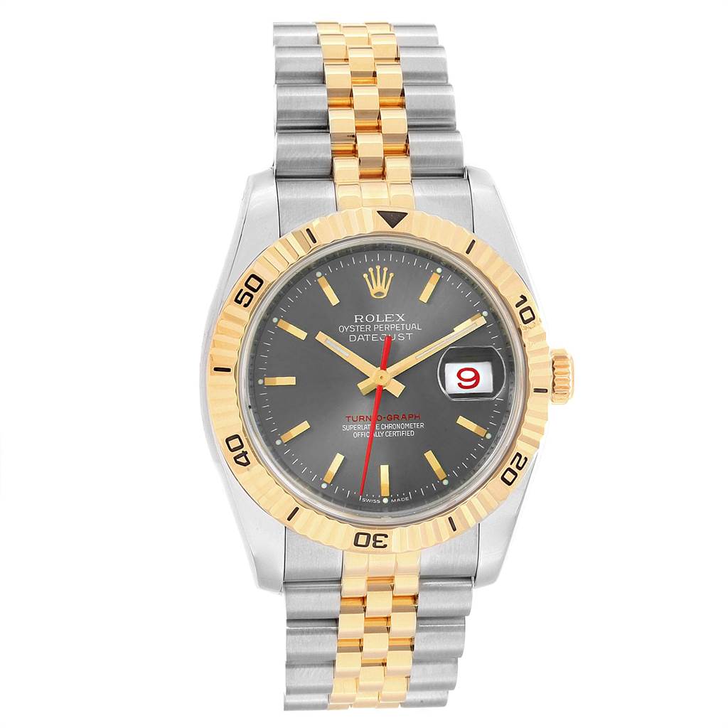 The Rolex Turn-o-Graph 116263 Men
s Steel and Gold (two tone) Grey Dial 116263 Men
s Steel and Gold (two tone) Grey Dial watch is shown from a front angle, displaying its face, bezel, and bracelet.