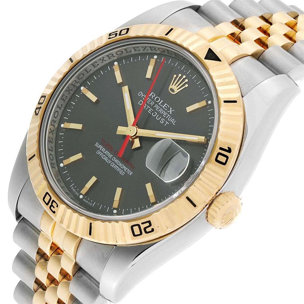 This image shows the Rolex Turn-o-Graph 116263 Men
s Steel and Gold (two tone) Grey Dial 116263 Men
s Steel and Gold (two tone) Grey Dial watch at a three-quarter angle, highlighting the bezel, crown, dial, and part of the bracelet.