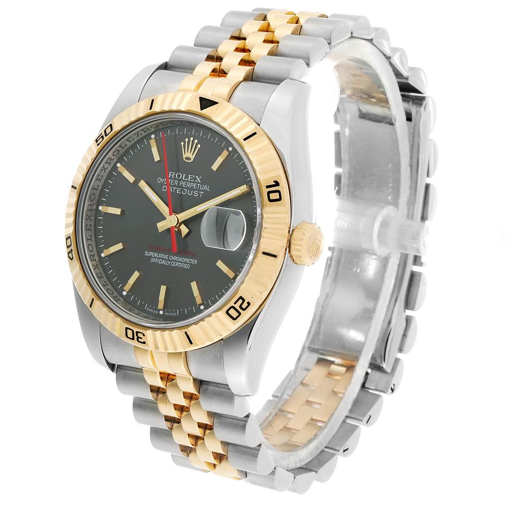 The image shows a Rolex Turn-o-Graph 116263 Men
s Steel and Gold (two tone) Grey Dial 116263 Men
s Steel and Gold (two tone) Grey Dial watch angled from the front-left, highlighting its dial, bezel, and two-tone bracelet.